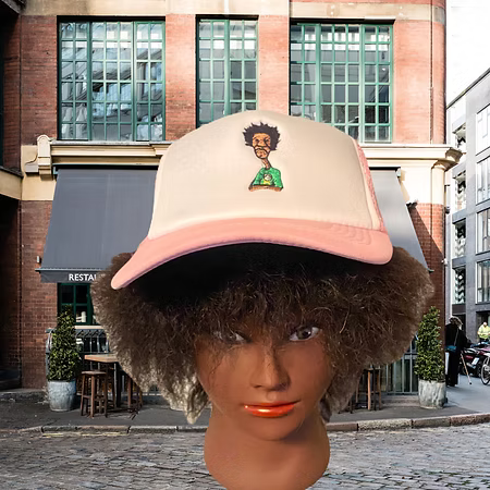 Nickel G. Pink and White With Green Logo Unisex Trucker Cap