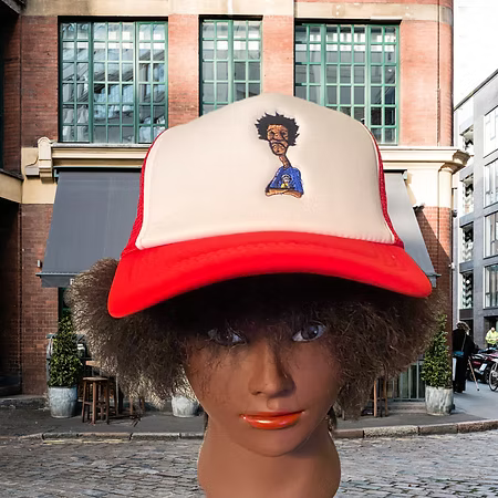 Nickel G. Red and White With Blue Logo Unisex Trucker Cap